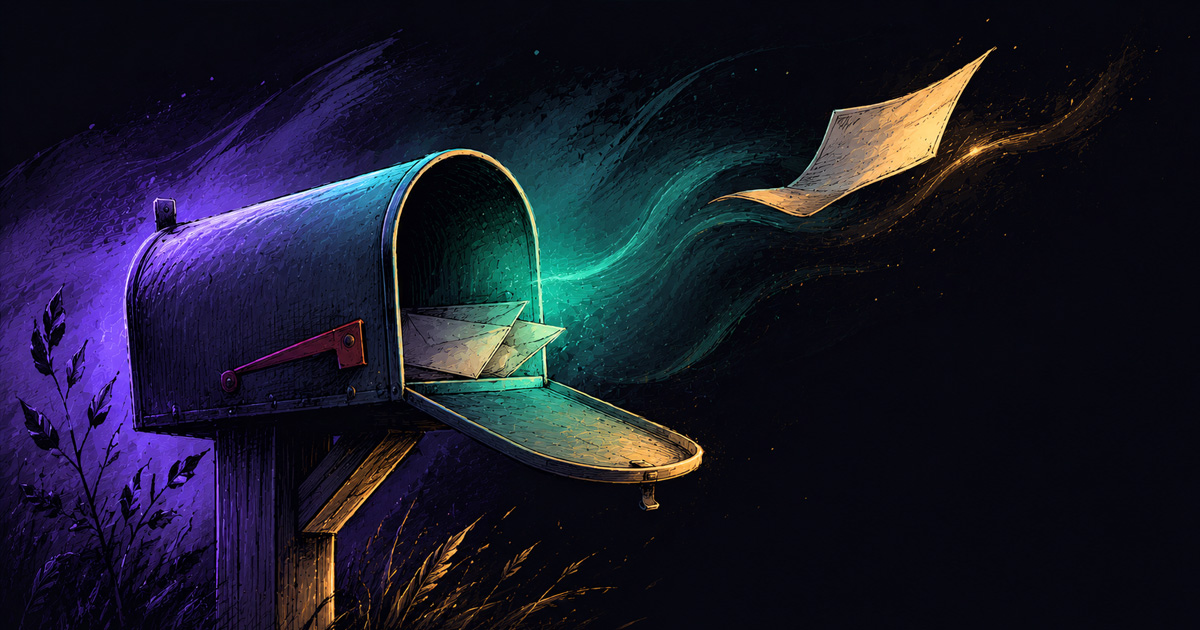 A home mailbox holding far fewer 1099 forms than before, with one lone form drifting out.