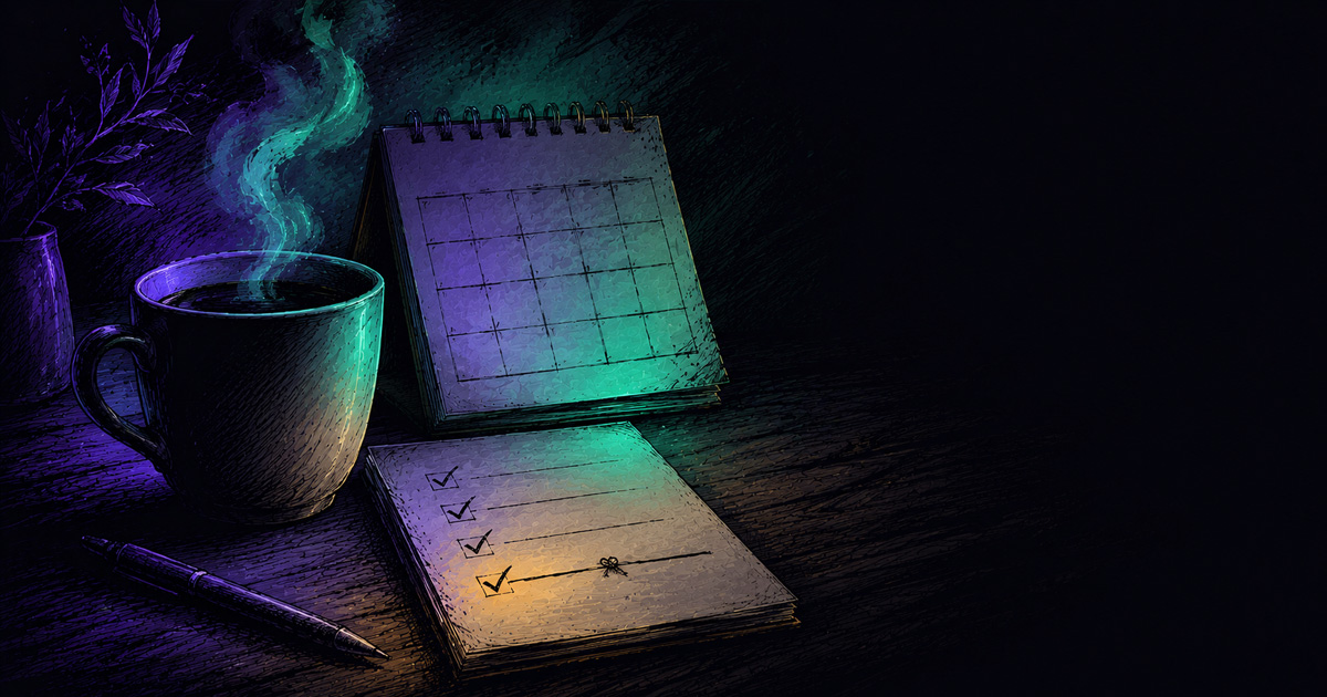 A coffee cup beside a calendar open to the first day of the month, with a short checklist catching one small problem before it grows.
