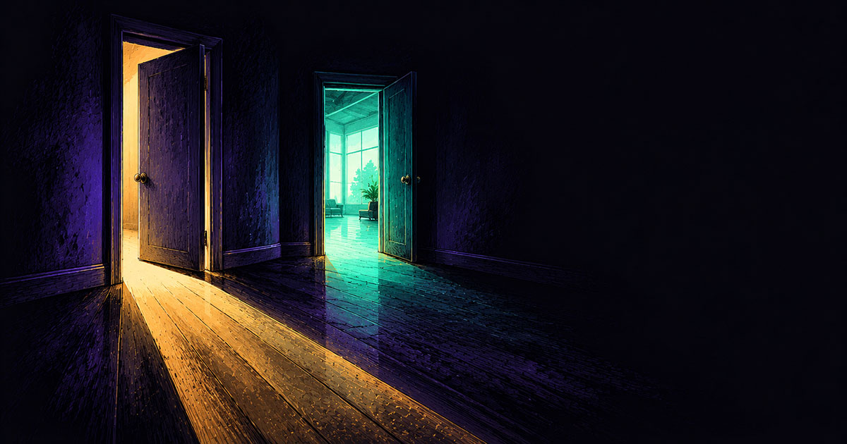 A dark room with two open doors. The nearer door spills warm amber light in a long path across the floorboards; the farther door opens onto a bright teal-lit room with a tall window.